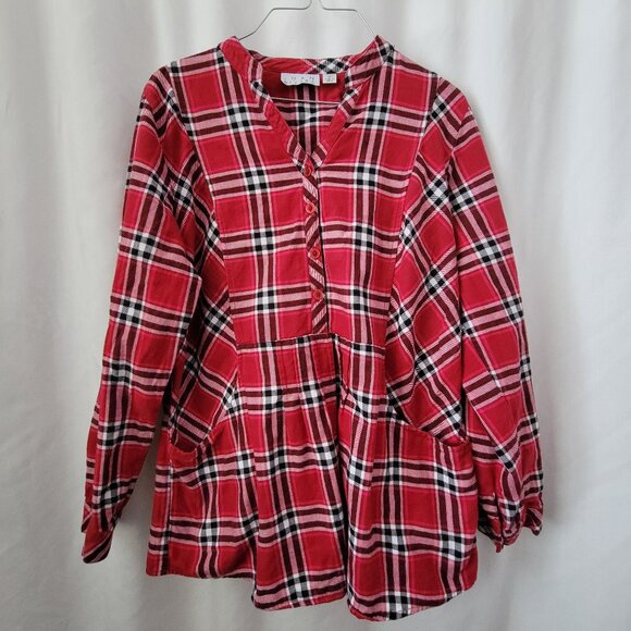 Joan Rivers Size 10 QVC Red Plaid Flannel top pockets long sleeve Pullover blous - Picture 1 of 9